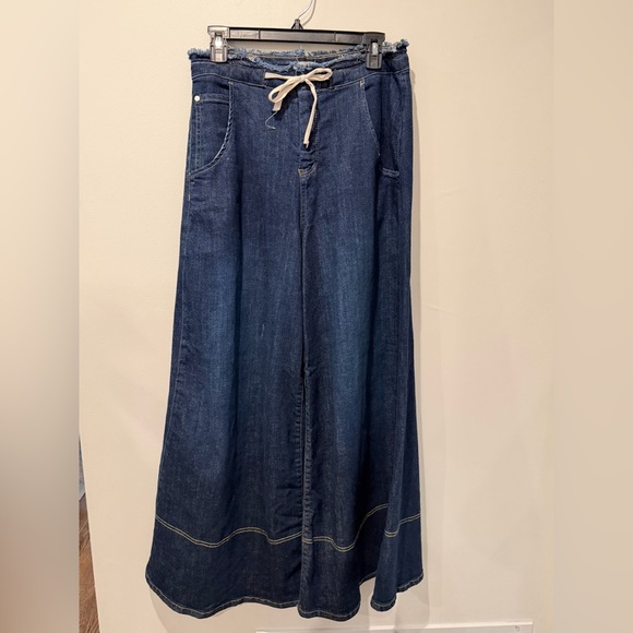 Pilcro Anthropologie Tenney Drawstring Wide Leg Jeans 26 Dark Wash Frayed Waist - Picture 3 of 5